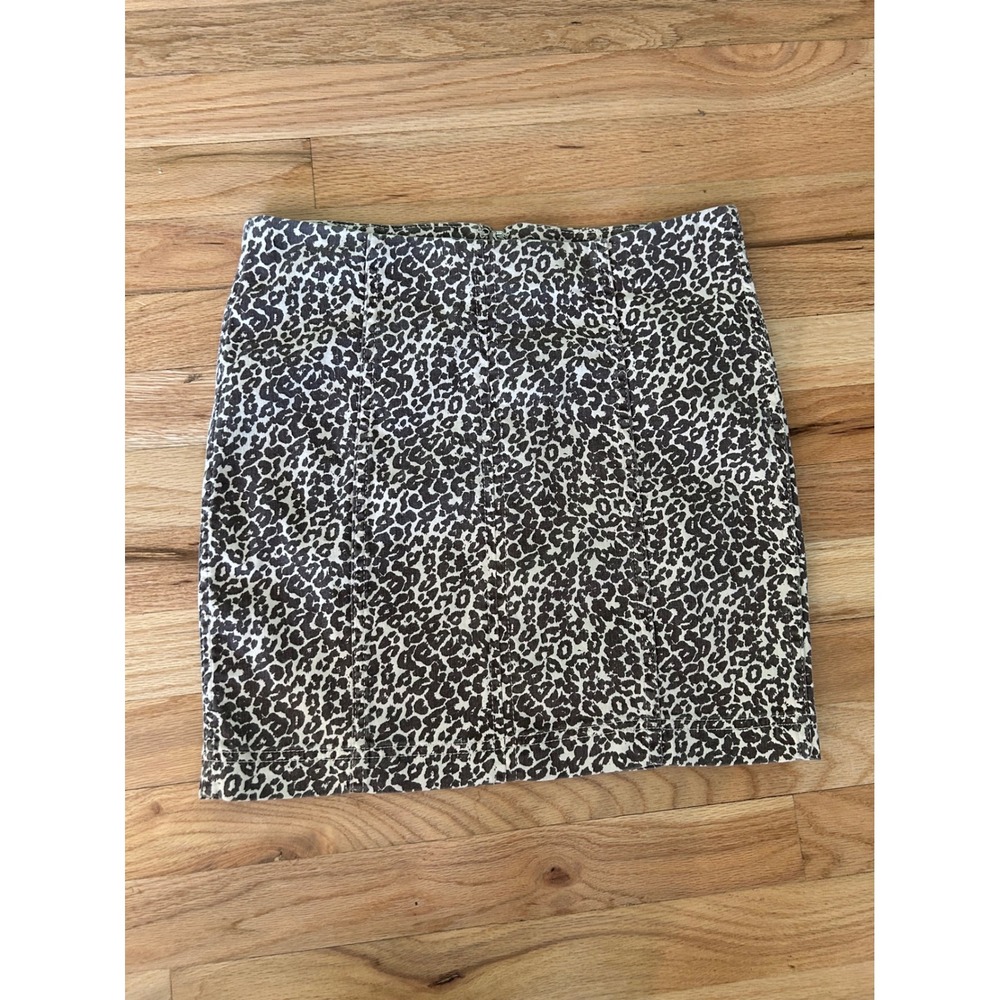 Free People Leopard Print Denim Mini Skirt Brown Tan Sz 6 High Waisted‎ Zip Back